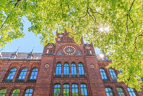 Germany, Mecklenburg-Vorpommern, Stralsund. Schulzentrum am Sund Regional School facade. Art Print